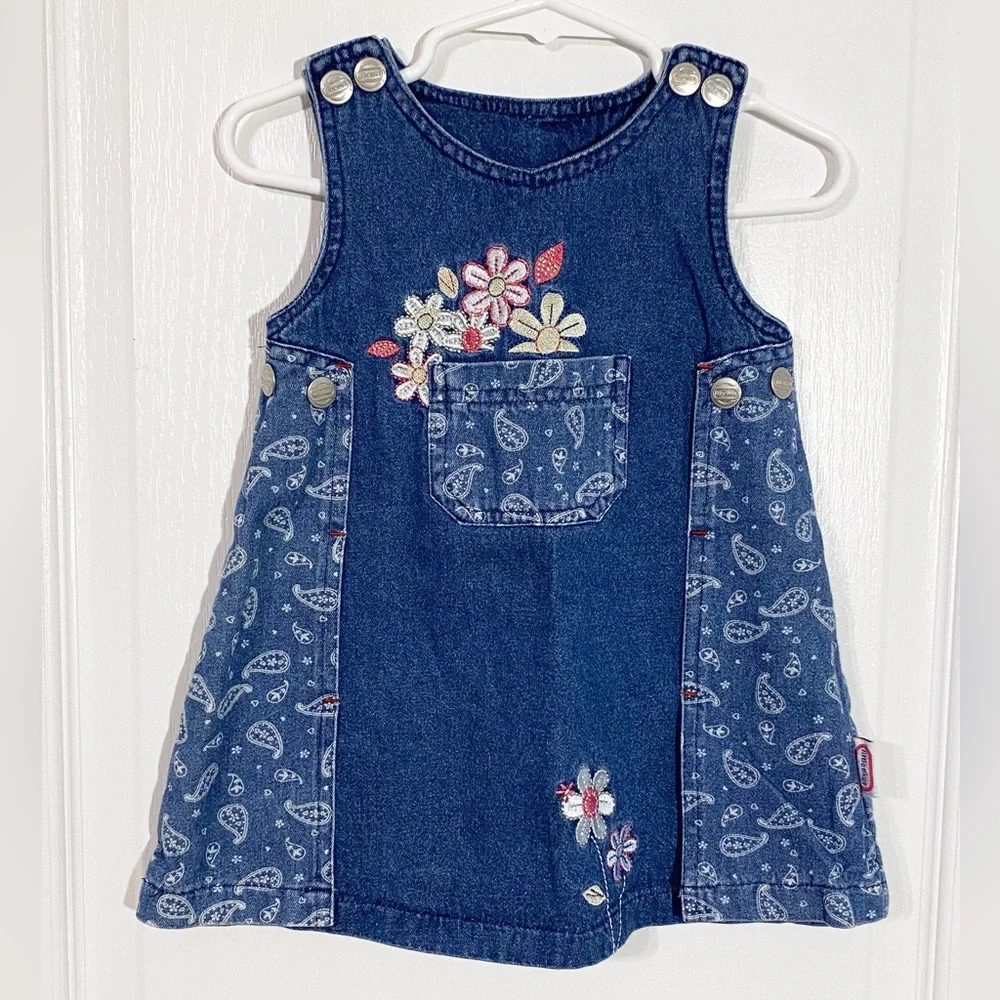 Y2K VTG Little Tikes Embroidered Floral & Paisley Denim Jumper Dress Size 18M